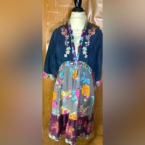 JOHNNY WAS Embroidered Silk Paneled Dress Large